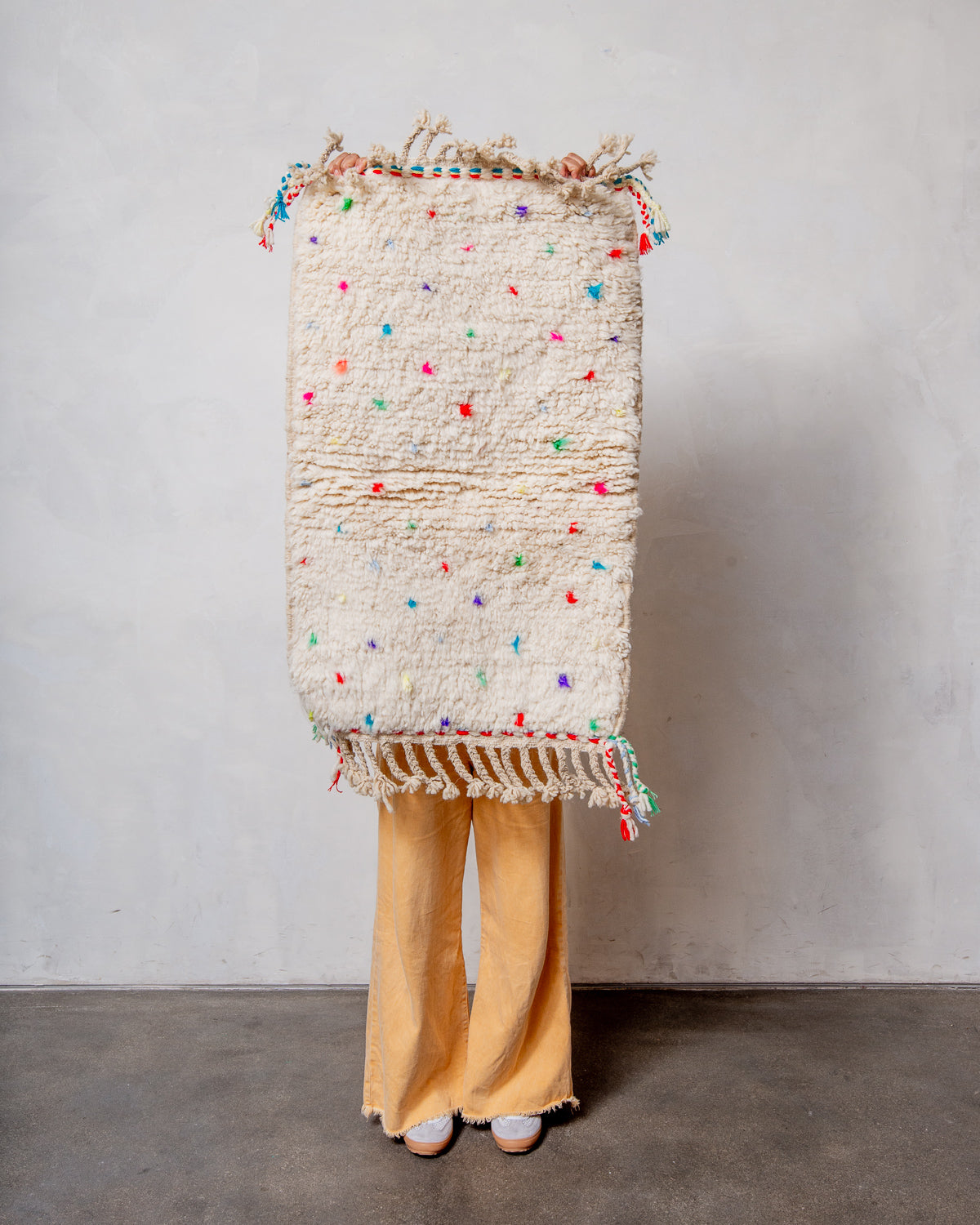 Modern, designer, handcrafted Berber rug from Morocco. Beniourain carpet with beautiful colours and patterns and fluffy wool texture.